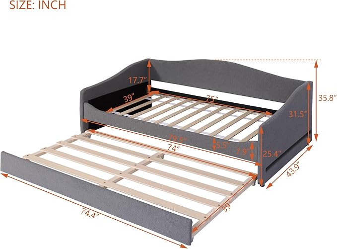 RITSU Twin Size Teddy Fleece Upholstered Daybed with Light and Trundle, Smarter LED Sofa Bed Frame, No Spring Box Needed, Modern Design, Weight Capacity 500 LBS, for Bedroom, Living Room, Gray - LeafyLoom