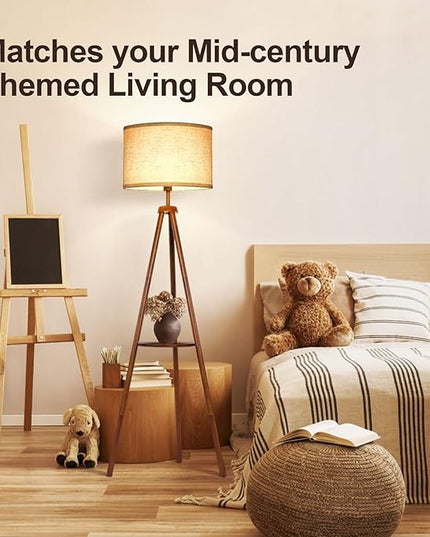 OUTON Wood Tripod Floor Lamp with Shelves, Mid Century LED Modern Dimmable Floor Lamp with Remote Control, Sturdy Tall Standing Lamp with Beige Linen Texture Shade for Living Room, Bedroom, Office - LeafyLoom