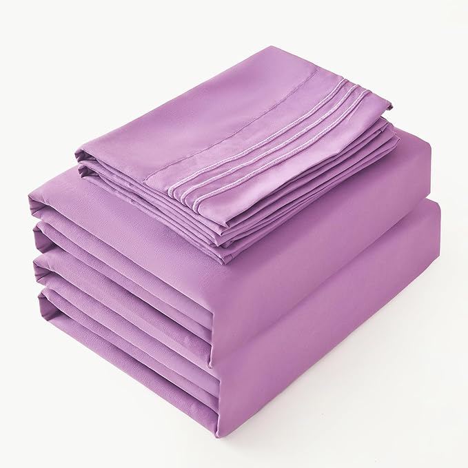 Bed Sheet Set - Brushed Microfiber Bedding - Bedding Sheets & Pillowcases - Deep Pockets - Easy Fit - Breathable & Soft Hotel Sheets - 4 Piece Queen Purple - LeafyLoom