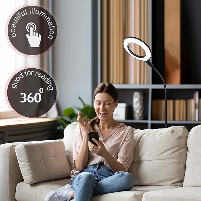 Bright Floor Lamp for Office, Reading and Bedrooms. LED Floor Lamp for Lash Light for EyeLash Extensions, Makeup & Nail Spa. Gooseneck Standing Lamp (Black) - LeafyLoom