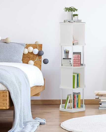 4 Tier Rotating Bookshelf, Wooden Spinning Bookshelf Tower, 360 Display Revolving Bookshelf Floor Standing Corner Narrow Revolving Bookcase for Living Room, Bedroom, White - LeafyLoom