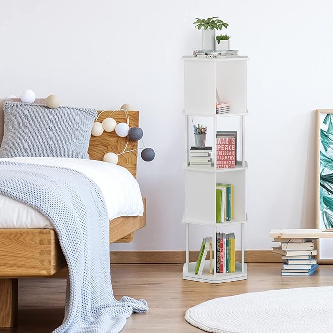 4 Tier Rotating Bookshelf, Wooden Spinning Bookshelf Tower, 360 Display Revolving Bookshelf Floor Standing Corner Narrow Revolving Bookcase for Living Room, Bedroom, White - LeafyLoom