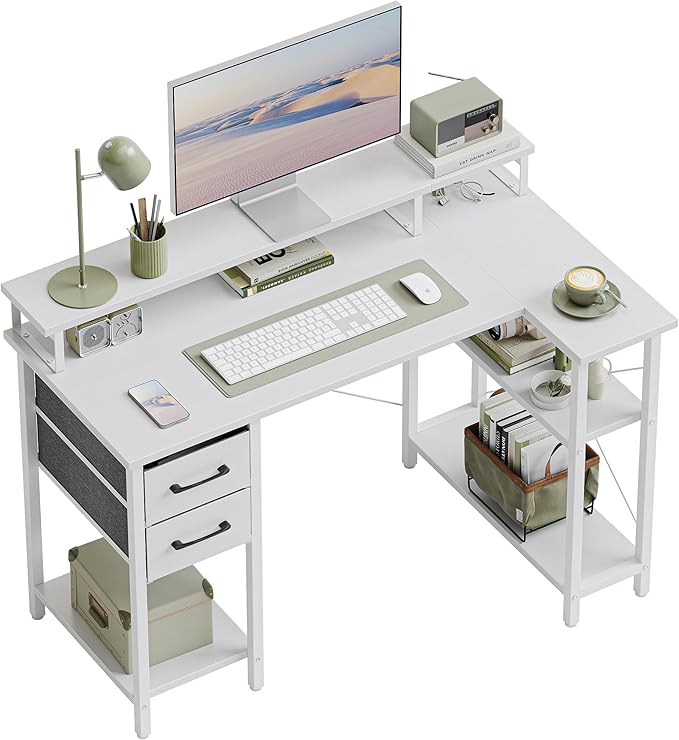 CubiCubi L Shaped Computer Desk with Monitor Stand & Shelves, 47 Inch Corner Home Office Desk Writing Table with Storage Drawer, White - LeafyLoom