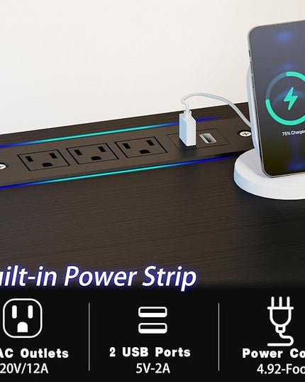 Gaming Desk with Led Light & Power Outlets, 55" Computer Desk with Wooden Drawers and Monitor Stand, Office Desk with Shelves and 2 Headphone Hooks, Work Desk for Home Office,Black - LeafyLoom