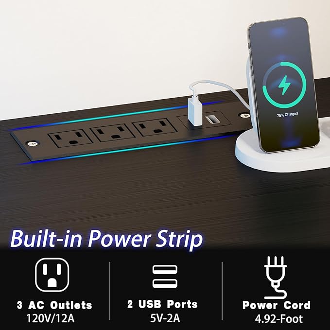 Gaming Desk with Led Light & Power Outlets, 55" Computer Desk with Wooden Drawers and Monitor Stand, Office Desk with Shelves and 2 Headphone Hooks, Work Desk for Home Office,Black - LeafyLoom