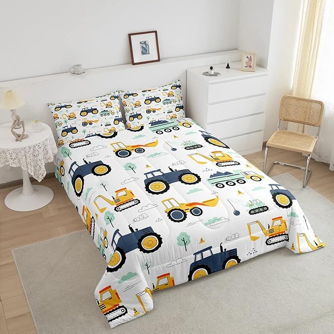 Tractor Comforter Set Queen, Cartoon Truck Bedding Set for Boys Girls Teens, Construction Tractor Down Comforter, Bulldozer Crane Equipment Duvet Set, Kawaii Vehicle Car Theme Comforter, Yellow Blue - LeafyLoom
