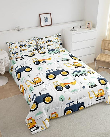 Boys Cartoon Car Bedding Set King, Excavator Tractor Comforter Set for Kids Teens, Equipment Trucks Quilted Duvet, Heavy Machinery Construction Bedding Comforter Sets with 2 Pillowcases Bedroom Decor - LeafyLoom