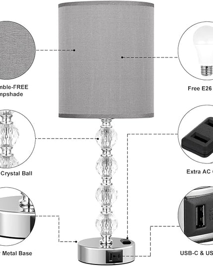 Acaxin Touch Bedside Crystal Lamps for Bedrooms Nightstand with USB C+A Charging Port and AC Outlet White, 3 Way Dimmable Silver Large End Side Table Lamp for Living/Dinning Room/Kitchen/Bedroom - LeafyLoom