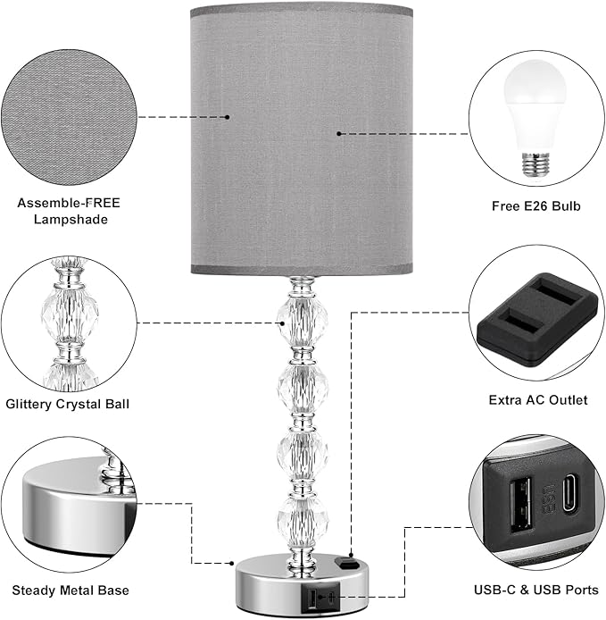 Acaxin Touch Bedside Crystal Lamps for Bedrooms Nightstand with USB C+A Charging Port and AC Outlet White, 3 Way Dimmable Silver Large End Side Table Lamp for Living/Dinning Room/Kitchen/Bedroom - LeafyLoom