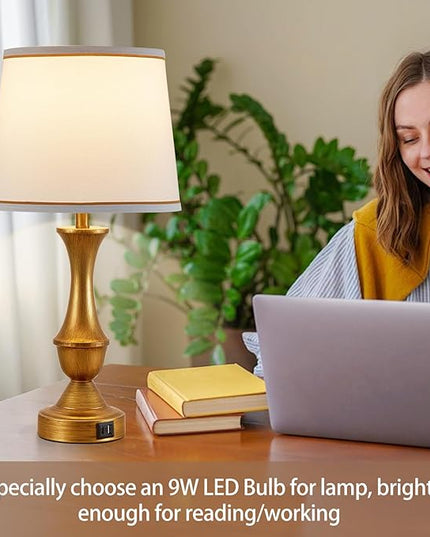 Table Lamps for Bedrooms Set of 2, Gold Bedside Lamps with USB C+A Ports, 3 Way Dimmable Nightstand Lamps with Fabric Lampshade, Touch Table Lamp for Living Room Bedroom Office, Bulbs Included - LeafyLoom