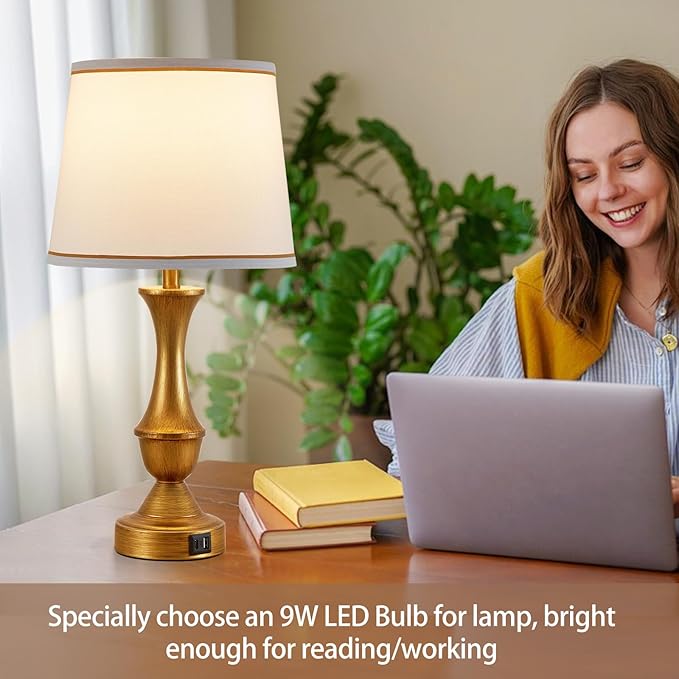 Table Lamps for Bedrooms Set of 2, Gold Bedside Lamps with USB C+A Ports, 3 Way Dimmable Nightstand Lamps with Fabric Lampshade, Touch Table Lamp for Living Room Bedroom Office, Bulbs Included - LeafyLoom