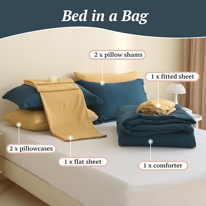 MILDLY King Size Comforter Set 7 Piece Color Clash, Peacock Blue Bed in a Bag, All Season Bedding Sets with 1 Comforter, 2 Pillow Shams, 2 Pillowcases, 1 Flat Sheet, 1 Fitted Sheet - LeafyLoom