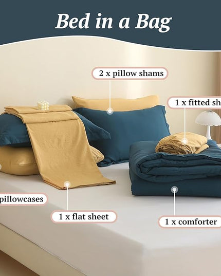 MILDLY California King Size Comforter Set 7 Piece Color Clash, Peacock Blue Bed in a Bag, All Season Bedding Sets with 1 Comforter, 2 Pillow Shams, 2 Pillowcases, 1 Flat Sheet, 1 Fitted Sheet - LeafyLoom