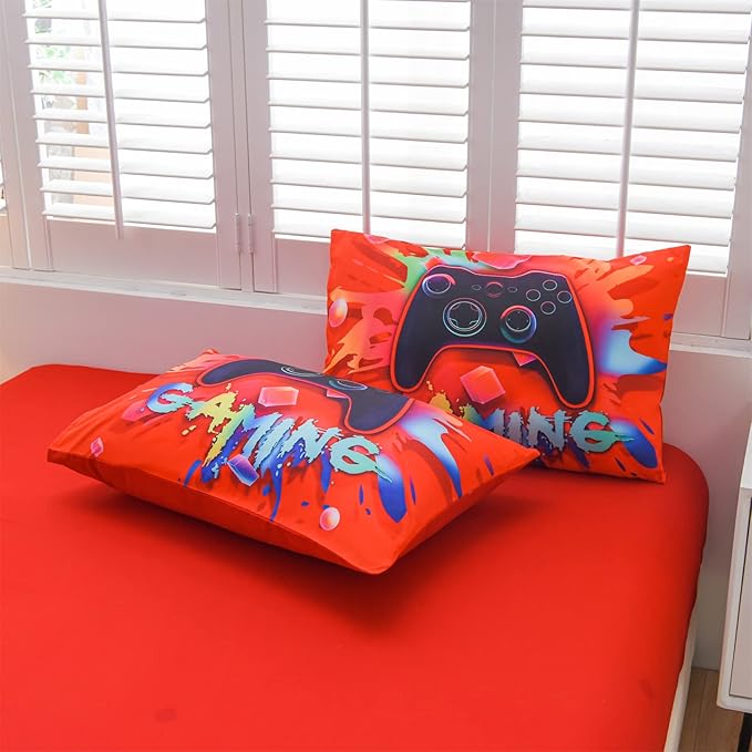 Aimuan Gamer Gaming Bedding Sets 3D Gamepad Comforter Sets for Boys Games Console Action Buttons Novelty Colorful Game Controller Modern Room Decor Home Quilt Set (Red, Full 6PCS) - LeafyLoom