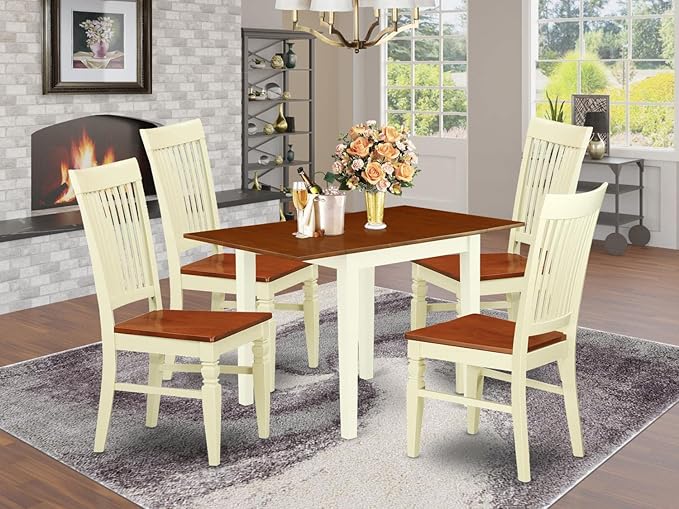 East West Furniture Norden 5 Piece Room Set Includes a Rectangle Kitchen Table with Dropleaf and 4 Dining Chairs, 30x48 Inch, NDWE5-WHI-W - LeafyLoom