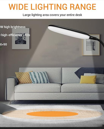 LED Desk Lamp with Clamp, 10W Flexible Gooseneck Swing Arm Clip Lamp with USB Plug, 3 Color Modes, 30 Brightness Levels, Eye-Caring Portable Desk Light for Home Office Reading Working (Black) - LeafyLoom