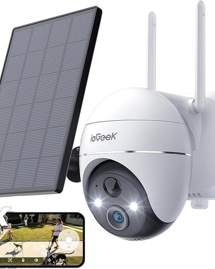 ieGeek Security Camera Outdoor, 2K Wireless WiFi 360°PTZ Camera, Solar Battery Powered Surveillance Camera with Spotlight/Siren/Motion Detection/3MP Color Night Vision,Compatible with Alexa ieGeek