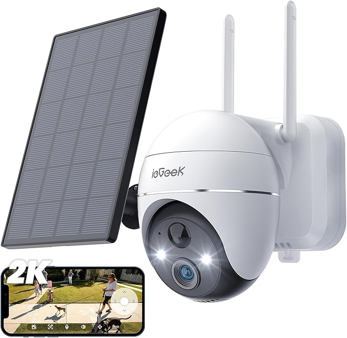 ieGeek Security Camera Outdoor, 2K Wireless WiFi 360°PTZ Camera, Solar Battery Powered Surveillance Camera with Spotlight/Siren/Motion Detection/3MP Color Night Vision,Compatible with Alexa ieGeek
