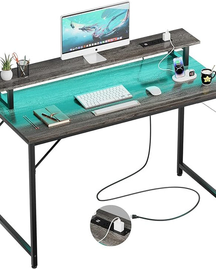 47 inch Computer Desk with Power Outlets, Gaming desk with LED Lights, Home Office Work Desk with Monitor Shelf, Modern Office Desk Study Writing Table for Small Spaces, Black Oak - LeafyLoom
