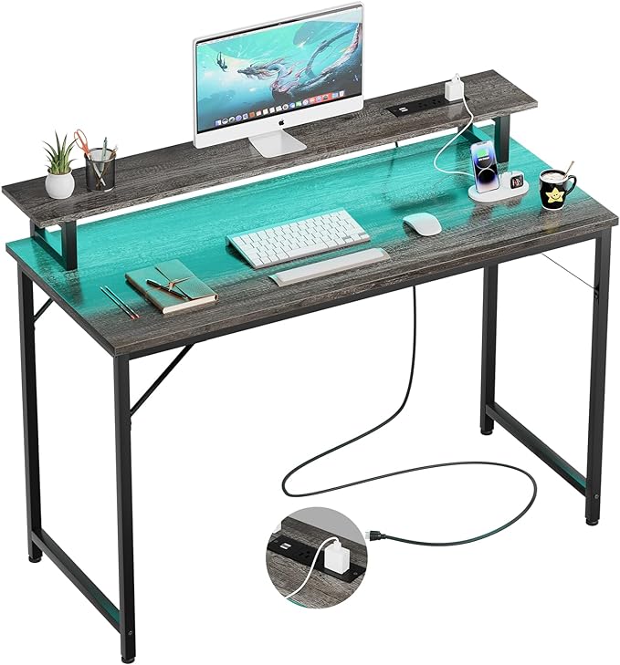 47 inch Computer Desk with Power Outlets, Gaming desk with LED Lights, Home Office Work Desk with Monitor Shelf, Modern Office Desk Study Writing Table for Small Spaces, Black Oak - LeafyLoom