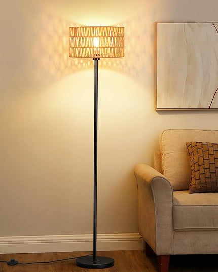 Rattan Floor Lamps for Living Room, Rattan Boho Floor Lamp, Black Metal Floor Lamp with LED Bulb, Rattan Fabric Double Shades, Farmhouse Rustic Floor Lamp, Standing Lamp for Living Room Bedroom Office - LeafyLoom