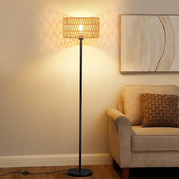 Rattan Floor Lamps for Living Room, Rattan Boho Floor Lamp, Black Metal Floor Lamp with LED Bulb, Rattan Fabric Double Shades, Farmhouse Rustic Floor Lamp, Standing Lamp for Living Room Bedroom Office - LeafyLoom
