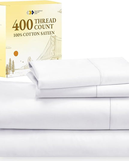 California Design Den Full Size Bed Sheets, Good Housekeeping Award Winner 400 Thread Count 100% Cotton Sheets Sateen, Deep Pocket Full Size Sheet Sets, Soft 4-Pc Breathable & Cooling Sheets (White) - LeafyLoom