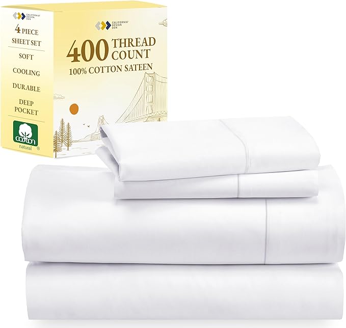California Design Den California King Sheet Sets, Good Housekeeping Award Winner, 400 Thread Count 100% Cotton Sateen Deep Pocket Cal King Sheets Soft Cooling Sheets Superior to Egyptian Cotton, White - LeafyLoom
