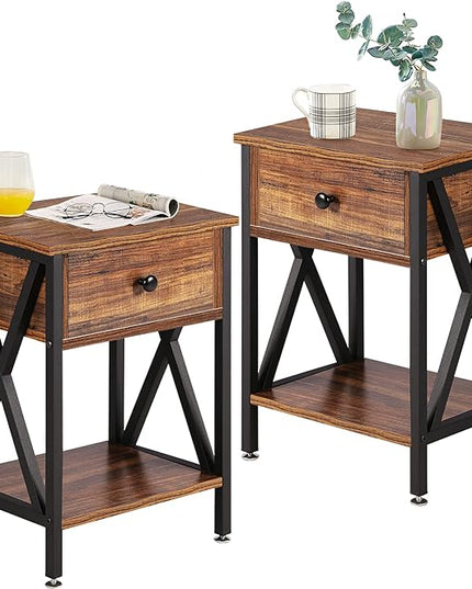 VECELO Night Stands for Bedroom Nightstand Bedside End Tables with Drawer Storage, (Set of 2), Rustic Brown - LeafyLoom