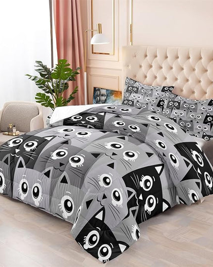 Cartoon Cat Bedding Set - 3Pcs Cute Cat Comforter Set for Bedroom Kids Boys Girls Cat Bedding Decor for All-Season Kawaii Kitten Pattern Lovely Animal 1 Cat Comforter with 2 Pillowcases, Full Size - LeafyLoom