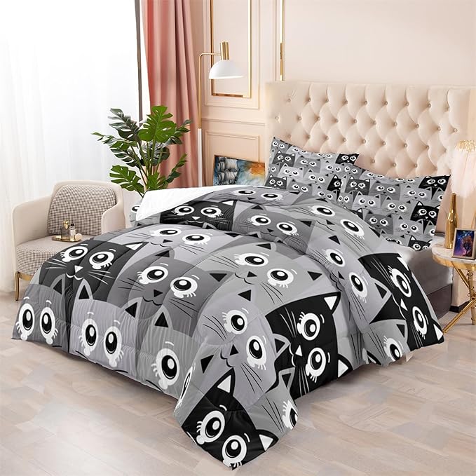 Cat Queen Comforter Set for Bedroom - 3Pcs Grey Cat Comforter Set for Teens Kids Cute Cartoon Cat Bedding Set Ultra Soft Warm Lightweight Kawaii Animal Patterns Comforter with 2 Pillowcases - LeafyLoom