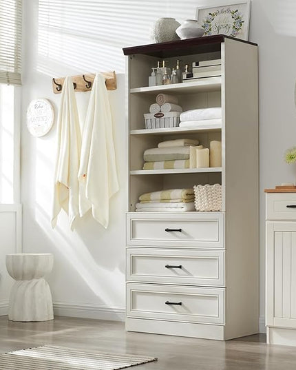 72" Tall Bookshlef with 3 Drawers, Farmhouse 4-Tier Bookcase with Adjustable Shlef, Wooden Storage Cabinet for Living Room, Kitchen, Home Office, Dining Room, White - LeafyLoom
