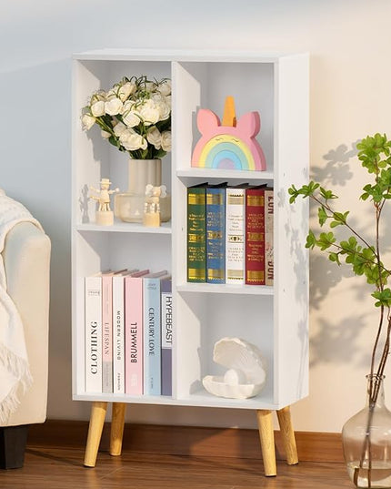YAHARBO Small White Bookshelf,3 Tier Modern Kids Bookcase with Legs,5 Cube Wooden Bookshelves Storage Shelf,Book Shelves Organizer,Display Bookcases Cabinet for Room Nursery Study - LeafyLoom