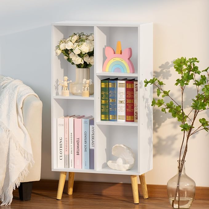 YAHARBO Small White Bookshelf,3 Tier Modern Kids Bookcase with Legs,5 Cube Wooden Bookshelves Storage Shelf,Book Shelves Organizer,Display Bookcases Cabinet for Room Nursery Study - LeafyLoom