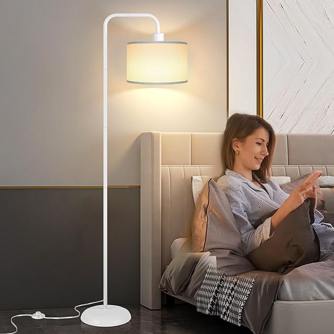 [Upgraded] LED Floor Lamp for Living Room, 3 Color Temperature Floor Lamp with Foot Switch Modern Standing Lamp Tall Pole Floor Reading Lamp for Bedroom, Study Room, Office, 9W Bulb Included, White - LeafyLoom