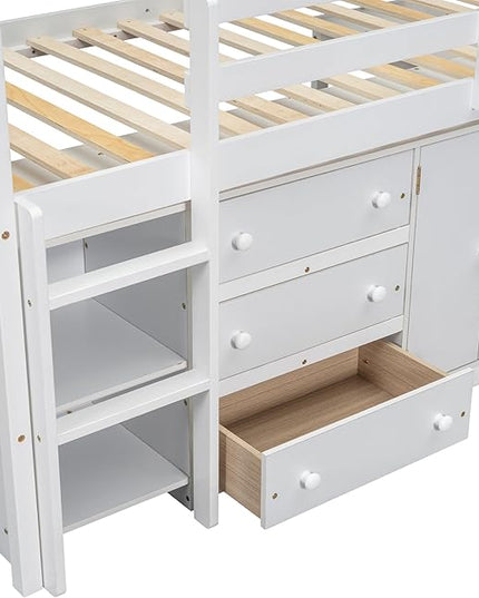Twin Size Low Loft Bed with Pull-Out Desk, Drawers, Cabinet, and Shelves, for Kids Boys Girls Bedroom, White - LeafyLoom