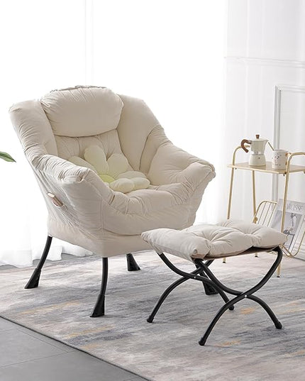 LITA Lazy Chair with Ottoman, Modern Accent Leisure Upholstered Sofa Chair, Contemporary Lounge Reading Chair with Armrests and a Side Pocket for Living Room, Bedroom & Small Space, Beige - LeafyLoom