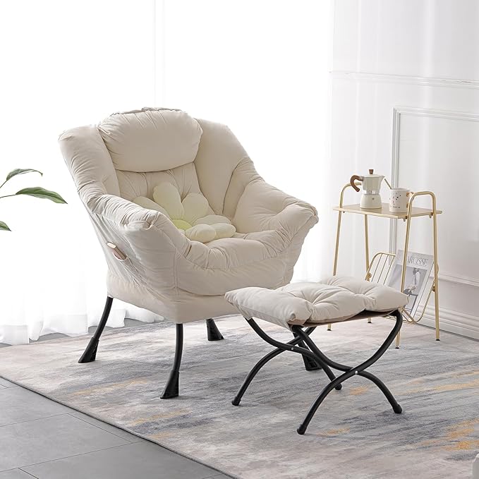 LITA Lazy Chair with Ottoman, Modern Accent Leisure Upholstered Sofa Chair, Contemporary Lounge Reading Chair with Armrests and a Side Pocket for Living Room, Bedroom & Small Space, Beige - LeafyLoom