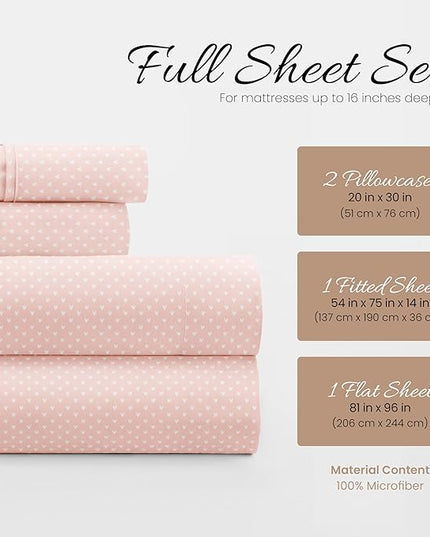 Linen Market 4 Piece Full Bedding Sheet Set (Pink Hearts) - Sleep Better Than Ever with These Ultra-Soft & Cooling Bed Sheets for Your Full Size Bed - Deep Pocket Fits 16" Mattress - LeafyLoom