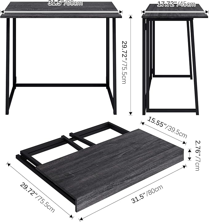 4NM 31.5" Small Desk with Storage Bag, Simple Assembly Folding Computer Desk Home Office Desk Study Writing Table for Small Space Offices - Gray and Black - LeafyLoom