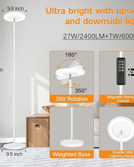 OUTON LED Torchiere Floor Lamp, Super Bright Dimmable Tall Standing Lamp with Remote Touch Control, 4 Color Temperatures, 1-Hour Timer for Living Room, Bedroom, Office (Matte White) - LeafyLoom