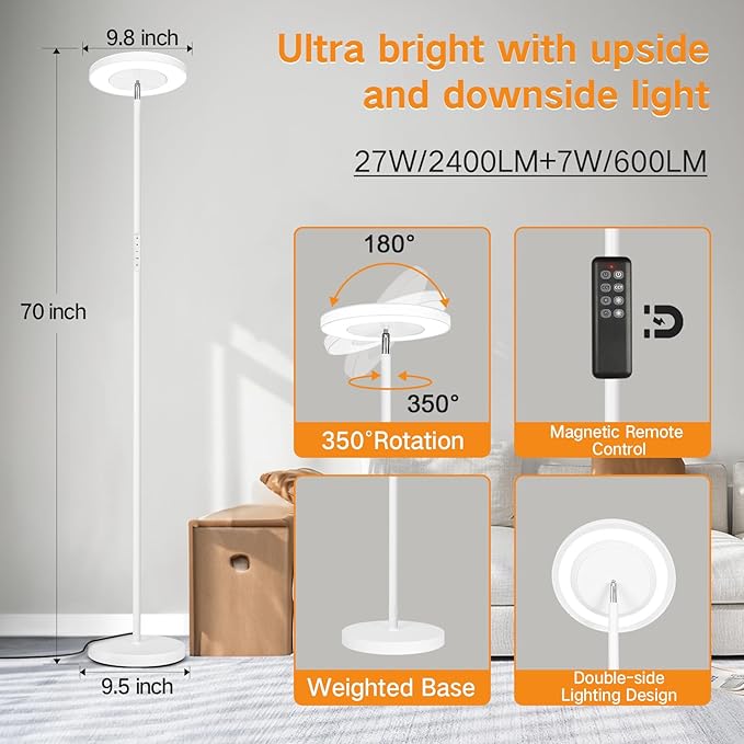 OUTON LED Torchiere Floor Lamp, Super Bright Dimmable Tall Standing Lamp with Remote Touch Control, 4 Color Temperatures, 1-Hour Timer for Living Room, Bedroom, Office (Matte White) - LeafyLoom