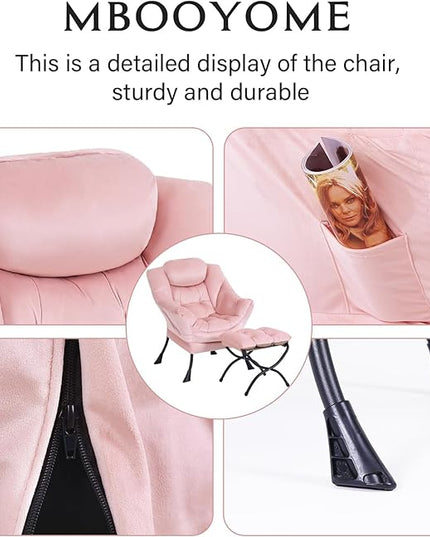 Lazy Chair with Ottoman, Modern Accent Chair Contemporary Lounge Leisure Upholstered Sofa Chair Set with Armrests, Reading Chair for Living Room, Bedroom, Office, Light Pink - LeafyLoom