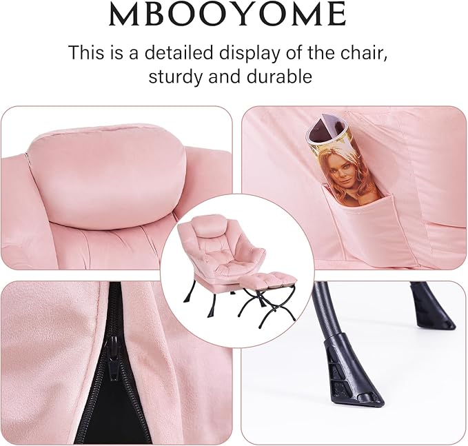 Lazy Chair with Ottoman, Modern Accent Chair Contemporary Lounge Leisure Upholstered Sofa Chair Set with Armrests, Reading Chair for Living Room, Bedroom, Office, Light Pink - LeafyLoom
