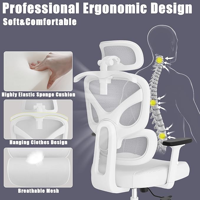 Office Chair, Ergonomic Desk Chair, High Back Desk Chair, Big and Tall Reclining Comfy Home Office Chair with Lumbar Support Breathable Mesh Computer Chair Adjustable Armrests - LeafyLoom