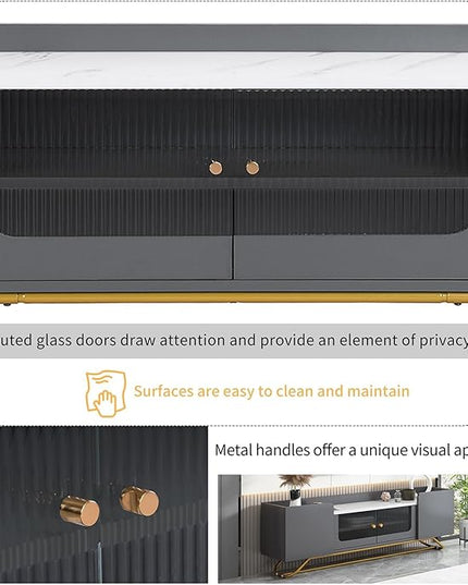 LUSAPZ Sleek Design TV Stand,Modern TV Stand with Fluted Glass,for TVs Up to 70 Inch,Faux Marble Top TV Console Table with Gold Frame Base,Ideal for Living Room (Gery) - LeafyLoom