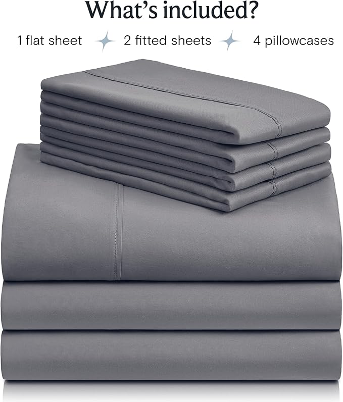 LuxClub 7 PC Split King Sheet Set, Breathable Luxury Bed Sheets, Deep Pockets 18" Eco Friendly Wrinkle Free Cooling Sheets Machine Washable Hotel Bedding Silky Soft - Light Grey Split King - LeafyLoom