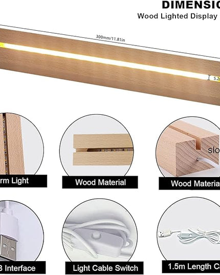 LED Light Display Base, 2 pcs 11.81 Inch Wooden LED Light Base for Acrylic, Rectangle Wood Display Pedestal, 3D Crystal Light Base For Glass Art, Wood Night LED Light Lamp Base with Usb Switch - LeafyLoom