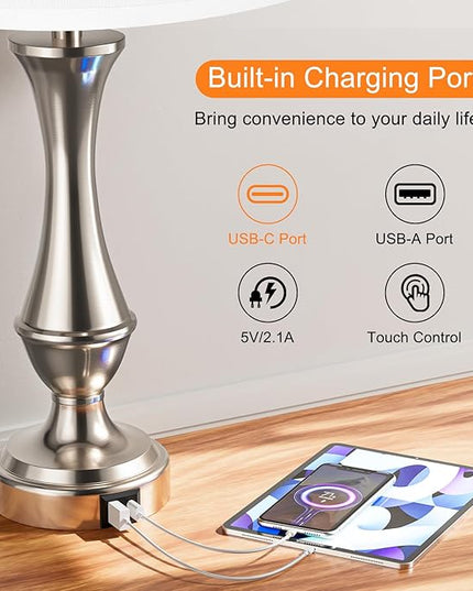 Touch Lamps for Bedrooms Set of 2 - Nightstand Table Lamp with USB C+A, 3 Way Dimmable Bedside Lamps for Living Room End Tables Set of 2, Farmhouse Night Stand Lamps(White&Nickel) - LeafyLoom