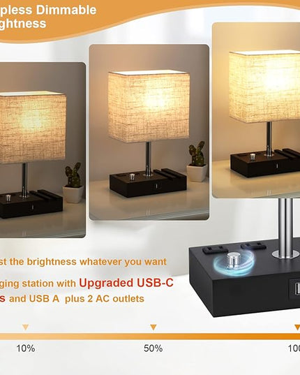 Kakanuo Table Lamp for Bedroom with Dual USB Ports, Beige Fully Dimmable Bedside Lamp with Phone Stands and 2 Charging Outlets, Desk Lamp for Nightstand and Living Room, LED Bulb Included - LeafyLoom